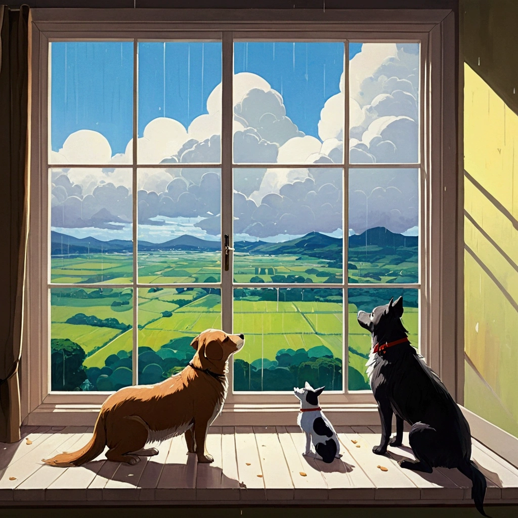 ,far and near method, Abstract painting, accurate,Overlooking, Decorative art, Illustration, anime, anime風, Ghibli-style colors, landscape、Parent and dogs2Animals、Near the window、Inside the house、It's raining outside、