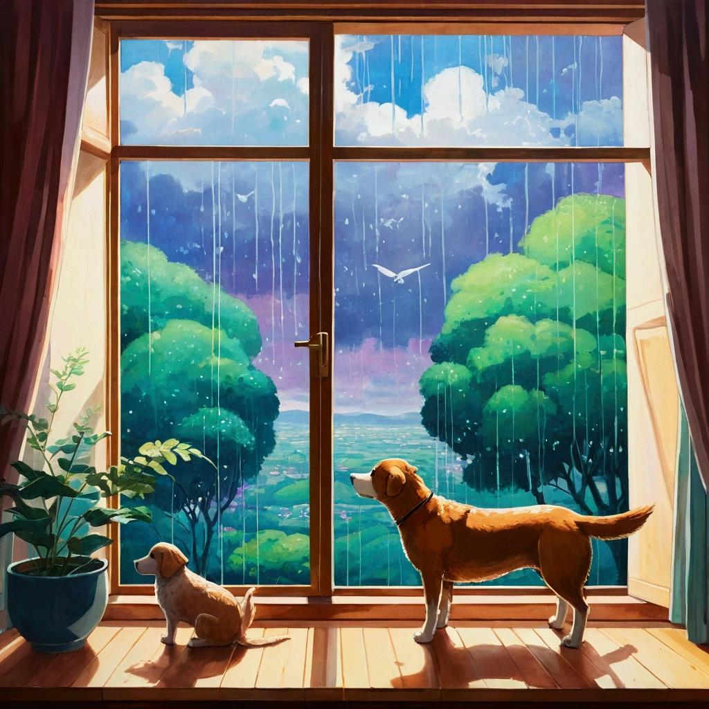 ,far and near method, Abstract painting, accurate,Overlooking, Decorative art, Illustration, anime, anime風, Ghibli-style colors, landscape、Parent and dogs2Animals、Near the window、Inside the house、It's raining outside、