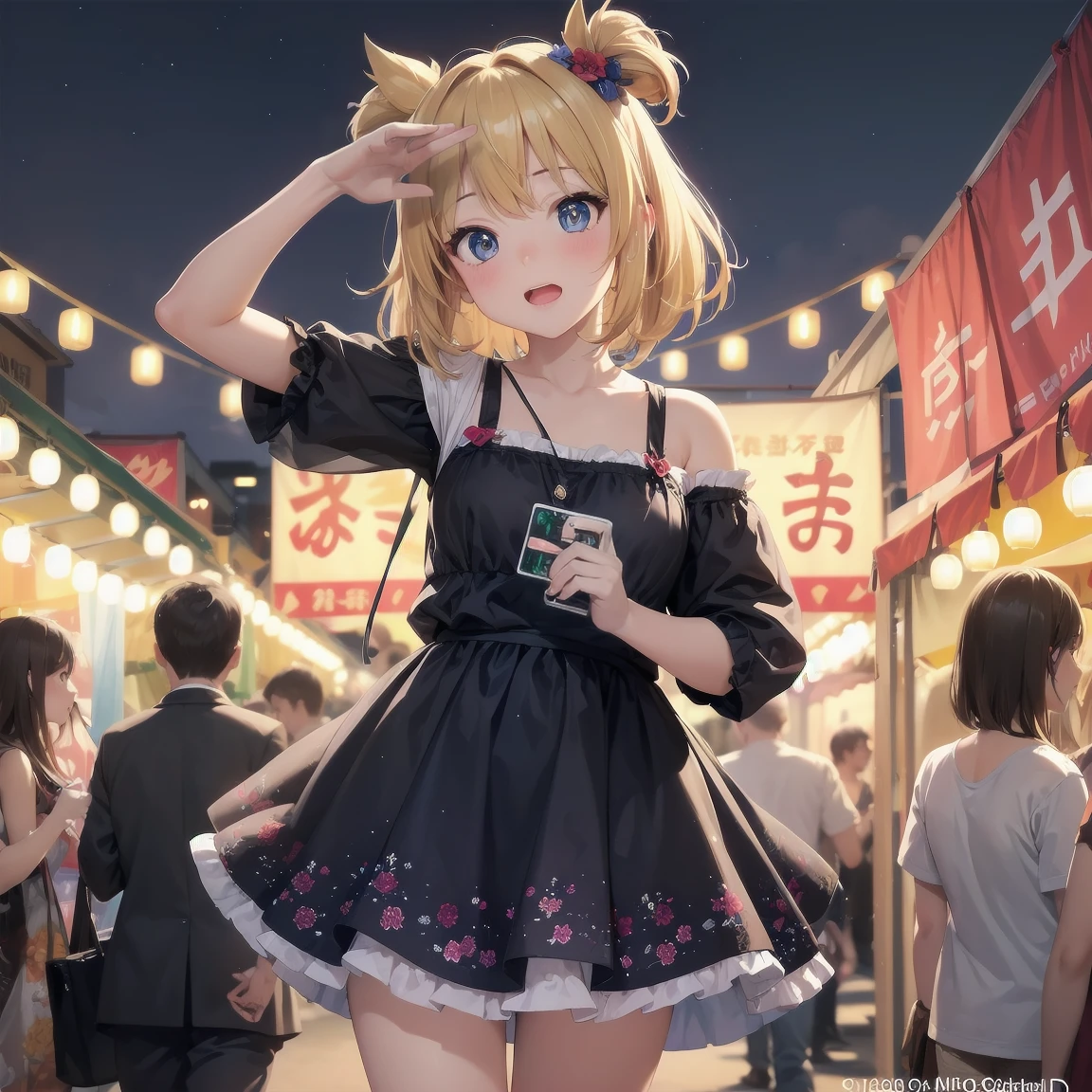 Masterpiece, high quality, high resolution, semi-realistic, 2.5D, perfect anatomy, super-detailed and detailed illustrations, sfw,
Subject: Cute Crowd
Subtitle: {blonde twin-tail}{flowery summer dress}{looking up pose}{summer festival night market}{expression of surprise}{full size camera, f/2.8, 1/250 sec, ISO 1600, night shooting mode}

A beautiful girl with twin-tailed blonde hair is standing at a summer festival night market. She is wearing a floral summer dress and is posed looking up with a surprised expression on her face. Her large eyes sparkle, adding to the lively atmosphere of the night. Lit lanterns in the background give the impression of a lively night market. The photo was taken with a full-size camera at an aperture of f/2.8, a shutter speed of 1/250 sec and ISO 1600, and the night shooting mode makes the beautiful girl appear clear even against a dark background. The blurred background lights make her stand out as if she were in the spotlight.