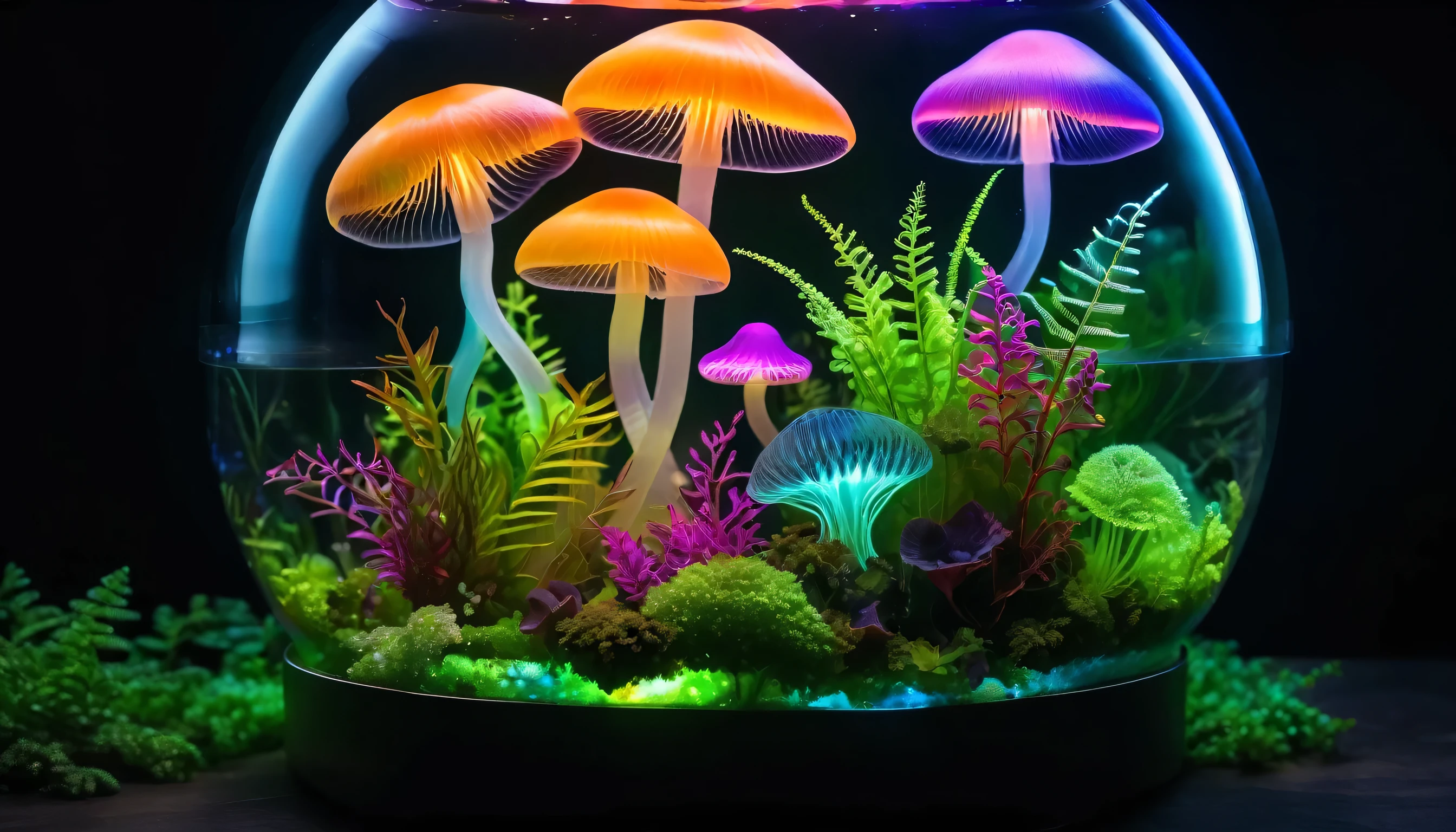 Glowing mushrooms and plants in a jellyfish terrarium, vibrant colors, bioluminescence, dark background.
