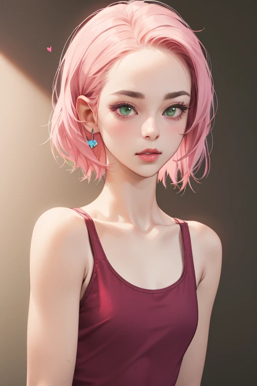young woman, short shoulder-length pink hair, wide forehead, porcelain skin, pink eyebrows, big emerald green eyes, buttoned nose, full lips, heart-shaped face, slender body, small breasts, red tank top, Sakura Haruno , realistic, realism, details, 3d, well detailed