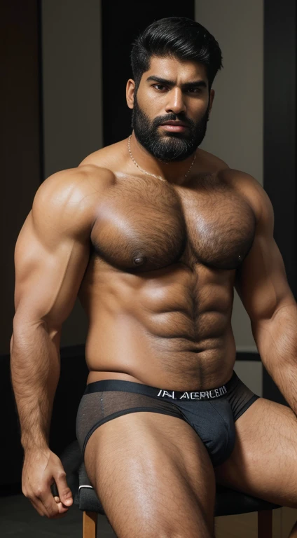 An award-winning original photo, Pain is raging on the face, screaming with pain and making aggressive face expressions with eyes closed, the head is tilted back A wild handsome muscular indian man, (thick big beared 25 years old:1.3), 1boy, Solo, (), (tight underwear), sitting on chair in luxury office, black hair, (big shoulders), musculature, stubbles, beard, earstuds, Beautiful eyes:1.3, ), (Detailed face:1.3), dimples, (holded penis), Dynamic front Angle, volumetric lighting, (Best quality, A high resolution, Photorealistic), Cinematic lighting, Masterpiece, RAW photo, Intricate details, hdr, depth of field, upper body, His perfect huge bulge,masterpieces