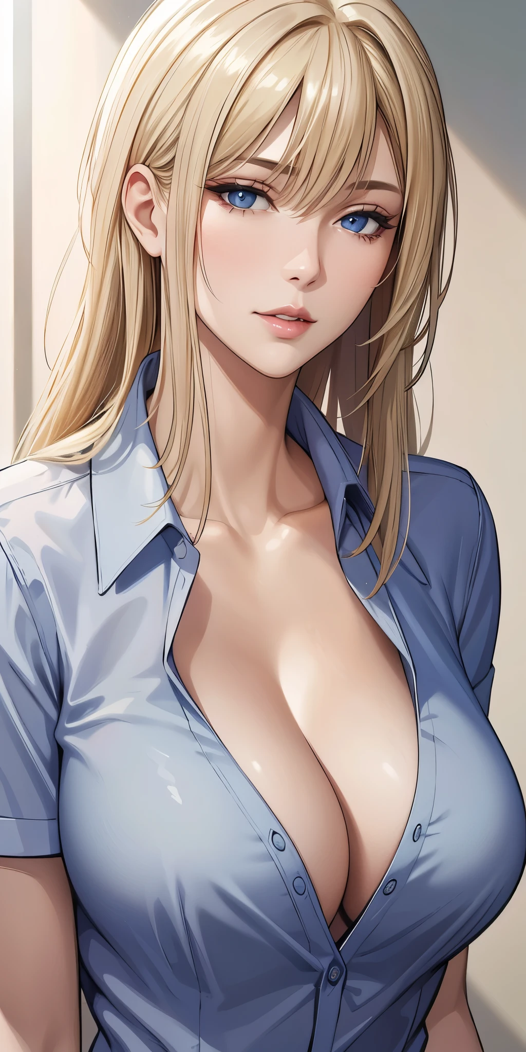 Realistic, Elegant mature woman, milf, blushing, blue eyes, blonde hair, soft light, 4k resolution, high quality, beautiful cg