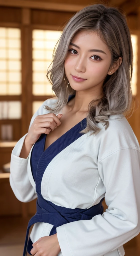 ((Highest quality、8k、masterpiece:1.3))、Sharp focus:1.2、Woman with muscular body:1.4、Colored eyes、((Sunburnした肌:1.5))、((Ash color hair:1.15))、((Silver Hair:1.2))、((Colorful Hair))、((Highlight Color:1.15))、((Twist perm))、Wild hairstyles、judo選手、Keep your arms down、Slim abdomen:1.2、((Huge boobs:1.2))、Wet body:1.1、HVery detailed facial and skin texture、 Detailed eyes、double eyelid、Sunburnした肌、Sunburn、Sweatで濡れた肌、One girl, Intricate details, Cinematic feel, 8k, Very detailed、(Realistic、Photorealistic:1.37)、Ultra-detailed、Highest quality、Realistic、Very delicate and beautiful、RAW Photos、((Professional Lighting))、Facial lighting、Depth of written boundary、Prime length、((judo))、((Wearing a judogi))、((HVery detailed judo obi))、((Brazilian Jiu Jitsu Belt))、(Wearing the official judo uniform)、((Long sleeve))、((Wear a T-shirt))、(Muscular and healthy)、Small Head、expensive、((Beautiful Eyes))、A vivid face、True Face、 Beautiful Eyes、(Fashionable hairstyles:1.35)、Audience、((A cheerful Japanese woman))、Desporti Smile:1.15)、(Mouth closed)、美しくてBeautiful Eyes、(dojo:1.3)、Healthy Body、Dark Skin、(judo hall)、judoの技をかけている、Sweat、The chest is exposed、Cleavage、Panty shot