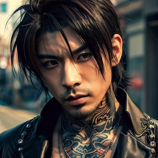 1 man, Japanese man, male, Asian eyes, muscular, broad shoulders, yakuza tattoos, hairstyle Visual Kei style, hair Visual Kei, black men's shirt and black pants, ultra detailed face, hyperrealistic, realistic representation, long hair, long hair, 30 years old, age 30 years, blonde hair