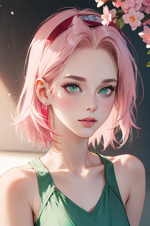 young woman, short shoulder-length pink hair, wide forehead, porcelain skin, pink eyebrows, big emerald green eyes, buttoned nose, full lips, heart-shaped face, slender body, small breasts, red tank top, Sakura Haruno , realistic, realism, details, 3d, well detailed