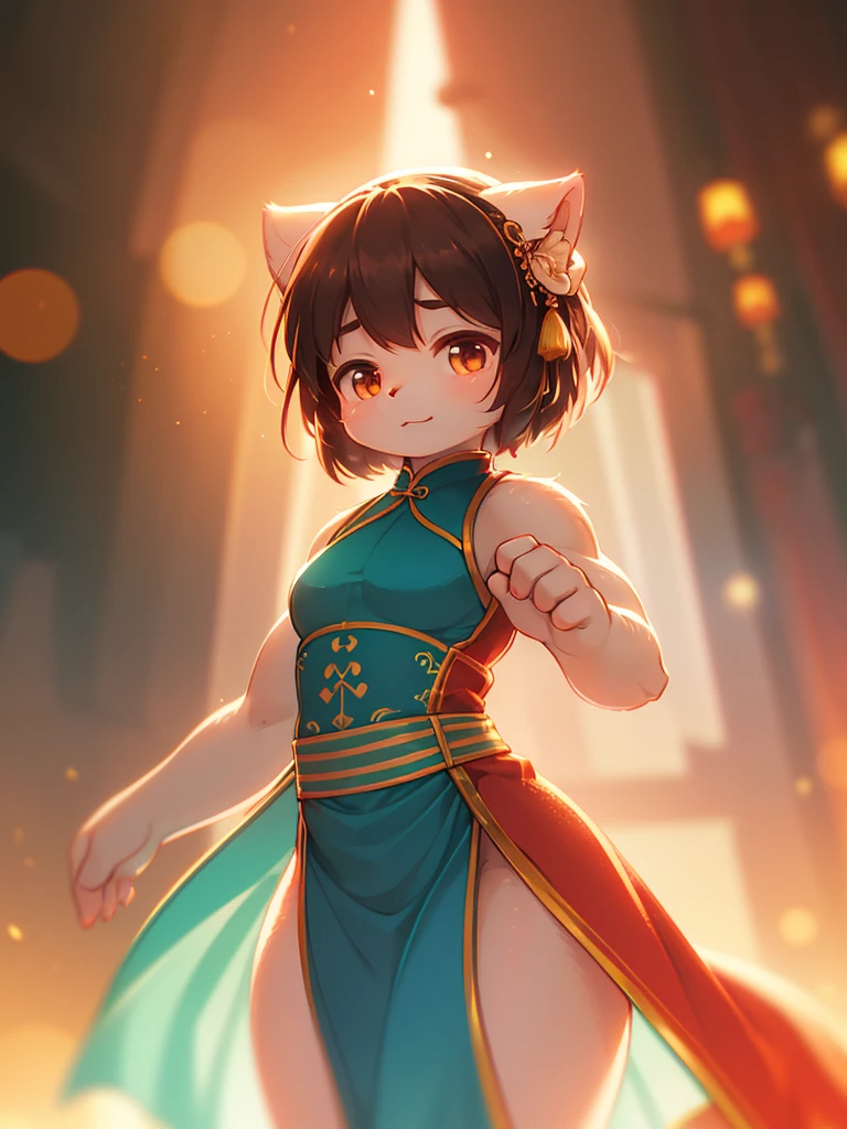 (Sumilux f1.4 50mm , low Latitude old color negative film , cross process , bokeh, flare, chromatic aberration , soft focus, (Shallow focus) , soft glow , Maximum aperture, high Key , Transparent depiction)  , Dwarf girl , Muscular, short , long slit China dress , Kung Fu move