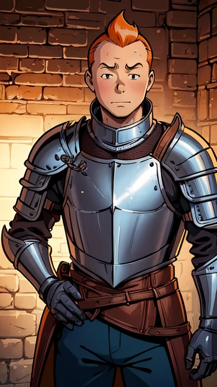 (1man, Tintin,1boy), (extremely detailed CG unit 8k wallpaper),(master part), (best quality), (ultra detail), (best illustration),(style Dan Mumford), cowboy shot,(Sharp eyeliner, ombre, detailed eyes:1),Dark Medieval Dungeon interiors background,break,(Knight, Plate armor, Gamberson),upper body,short hair,orange hair