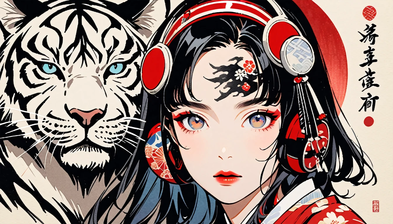 (((Ink Painting))), Fashion portrait color photos, (((1 girl))), (((Tattoo in the center of the forehead))), (((Very flashy hair accessories))), (((Very flashy makeup))), Japanese style headphones, devil, face close-up, front view, Japan人の美少女, Black Hair, Delicate and precise, Modern ukiyo-e style,Japan, Japanese flag, Big tiger