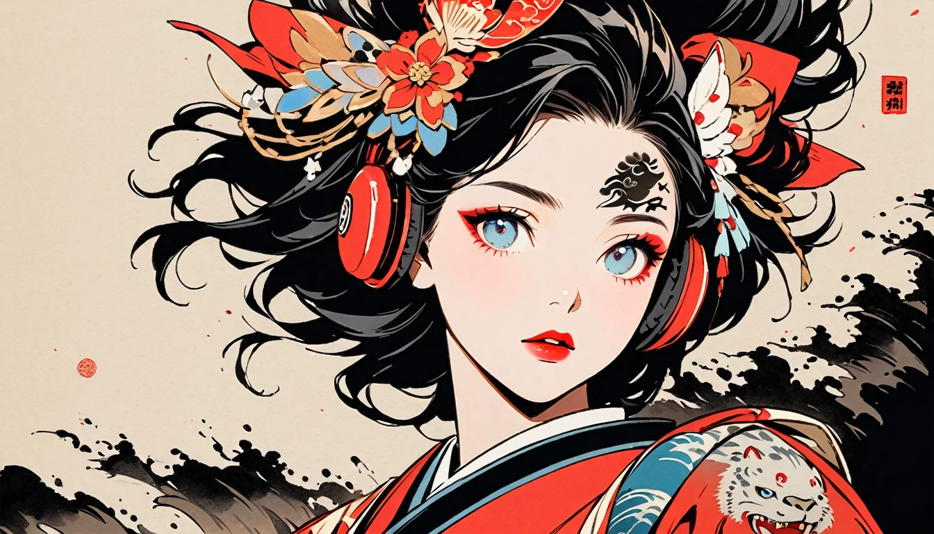 (((Ink Painting))), Fashion portrait color photos, (((1 girl))), (((Tattoo in the center of the forehead))), (((Very flashy hair accessories))), (((Very flashy makeup))), Japanese style headphones, devil, face close-up, front view, Japan人の美少女, Black Hair, Delicate and precise, Modern ukiyo-e style,Japan, Japanese flag, Big tiger