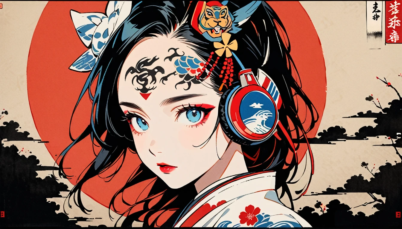 (((Ink Painting))), Fashion portrait color photos, (((1 girl))), (((Tattoo in the center of the forehead))), (((Very flashy hair accessories))), (((Very flashy makeup))), Japanese style headphones, devil, face close-up, front view, Japan人の美少女, Black Hair, Delicate and precise, Modern ukiyo-e style,Japan, Japanese flag, Big tiger