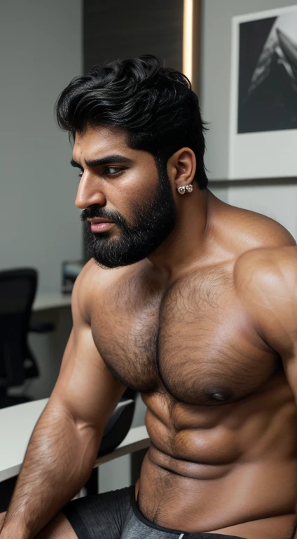 An award-winning original photo, Pain is raging on the face, screaming with pain and making aggressive face expressions with eyes closed, the head is tilted back A wild handsome muscular indian man, (thick big beared 25 years old:1.3), 1boy, Solo, (), (tight underwear), sitting on chair in luxury office, black hair, (big shoulders), musculature, stubbles, beard, earstuds, Beautiful eyes:1.3, ), (Detailed face:1.3), dimples, (holded penis), Dynamic front Angle, volumetric lighting, (Best quality, A high resolution, Photorealistic), Cinematic lighting, Masterpiece, RAW photo, Intricate details, hdr, depth of field, upper body, His perfect huge bulge,masterpieces