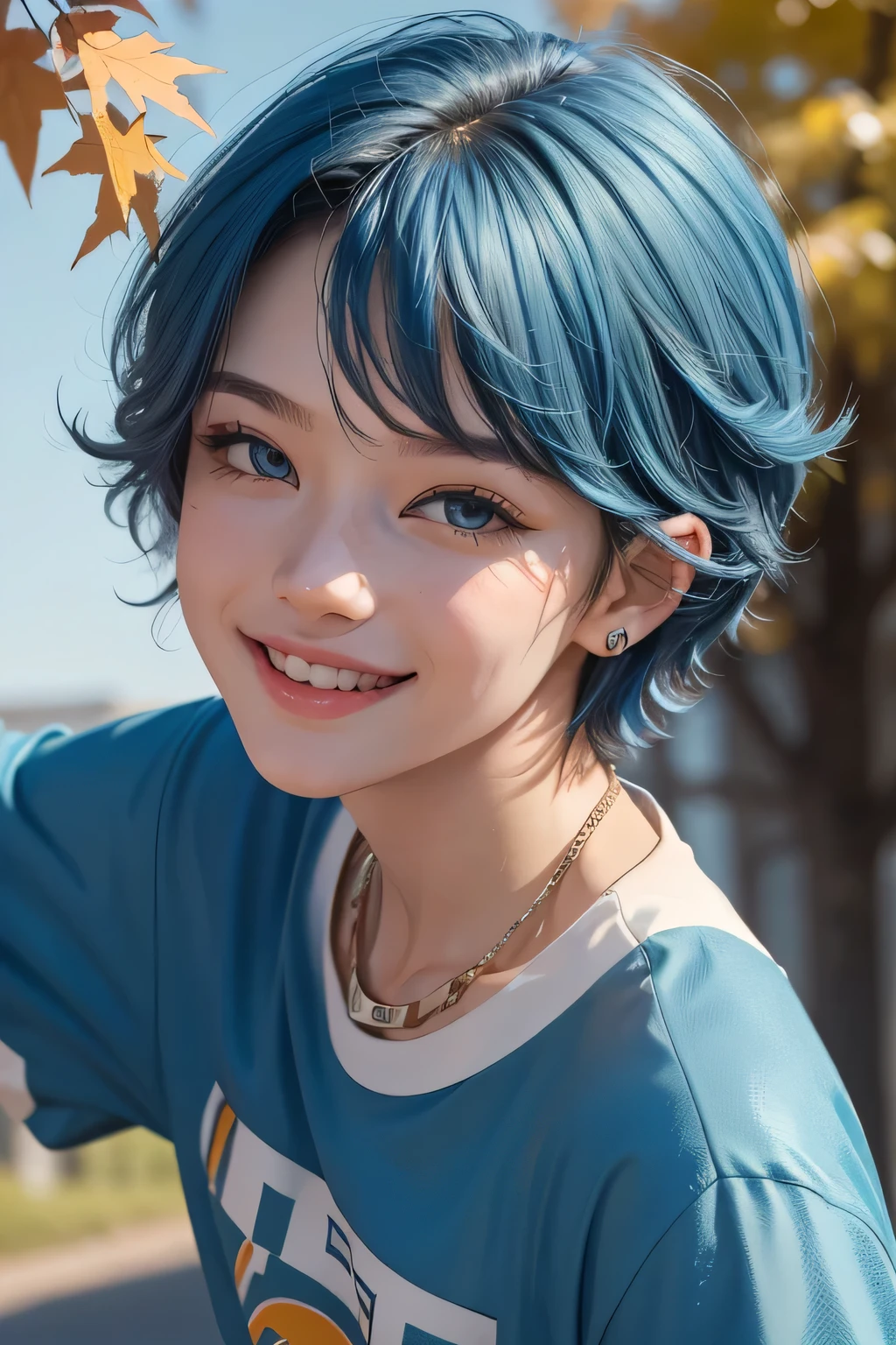 ((best quality)), ((masterpiece)), (detailed), one boy, 1boy, blue hair, bright eyes, short hair, cute, happy smile, boy, cute boy, bright background, bright shirt, sporty, close up, cool, clean face, cool boy, autumn