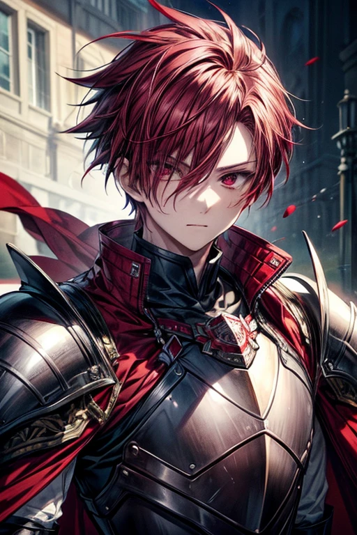 (masterpiece, best quality, perfect face, expressive eyes), 1boy, (anime). (male), burgundy hair, (mohawk), side faux, red eyes, white plate armor, red cape, intricate details,