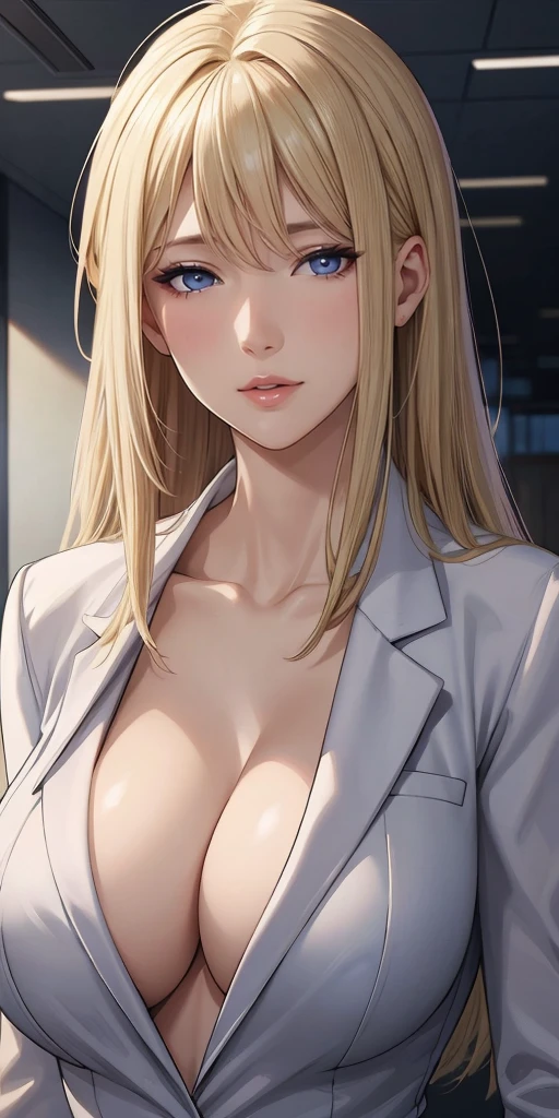 Realistic, Elegant mature woman, milf, blushing, blue eyes, blonde hair, soft light, 4k resolution, high quality, beautiful cg