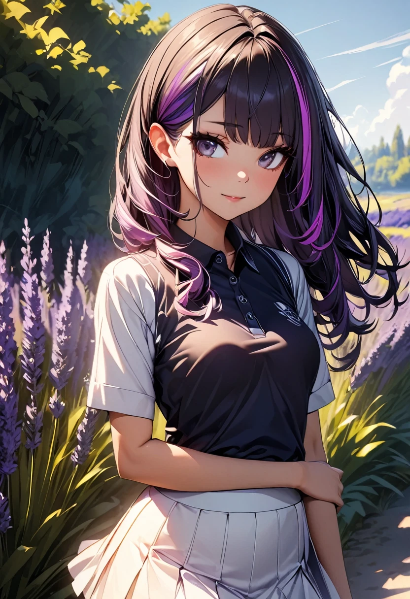 (highest quality:1.2, Very detailed, up to date, Vibrant, Ultra-high resolution, High Contrast, masterpiece:1.2, highest quality, Best aesthetics), Portraiture、girl、Bright colors、Beautiful fine details、Beautiful lip detail、long hair、black and purple ((streaked hair:1.6)), highlights hair: 1.5, rbrown eyes, slim body, small breast, polo-shirt, lavender color, white tight mini skirt, taking a walk in the beautiful lavender garden, vast scenery, sunny day, blue sky, Cowboy shot,