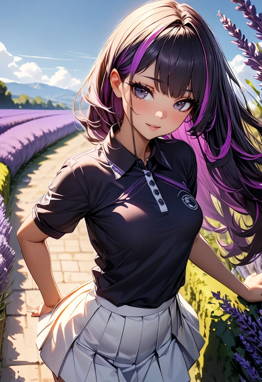 (highest quality:1.2, Very detailed, up to date, Vibrant, Ultra-high resolution, High Contrast, masterpiece:1.2, highest quality, Best aesthetics), Portraiture、girl、Bright colors、Beautiful fine details、Beautiful lip detail、long hair、black and purple ((streaked hair:1.6)), highlights hair: 1.5, rbrown eyes, slim body, small breast, polo-shirt, lavender color, white tight mini skirt, taking a walk in the beautiful lavender garden, vast scenery, sunny day, blue sky, Cowboy shot,