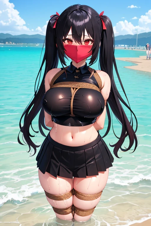 1 girls, (detailed red eyes, lange wimpern, detailed beautiful face:1.1), 4k quality, twintails, Haare Seiten nach oben, (Long black hair:1.4), (arms behind back:1.3), (big breasts:1.5), Red rope, (blushing:1.3), erina nakiri, long hair, hair between eyes, (black skirt with black underwear under, black crop top with a big cutout in the middle, 17 years old:1.4), (bondage:1.3), erhobene Augenbrauen, pralle Brüste, OTN, White Gag, gagged, (standing in water:1.5), wet, (near a Public beach with many people:1.5), Ankles and knees together, Ankles and knees bound together with rope