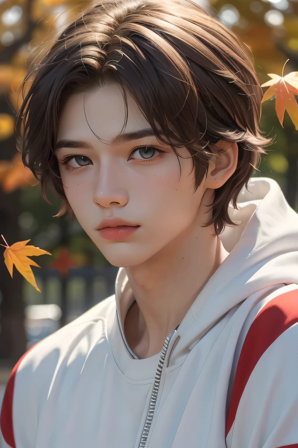 ((best quality)), ((masterpiece)), (detailed), one boy, 1boy, irish hair, bright eyes, short hair, cute, boy, bright background, bright shirt, sporty, close up, cool, clean face, cool boy, autumn, man, boy, autumn boy, sporty boy