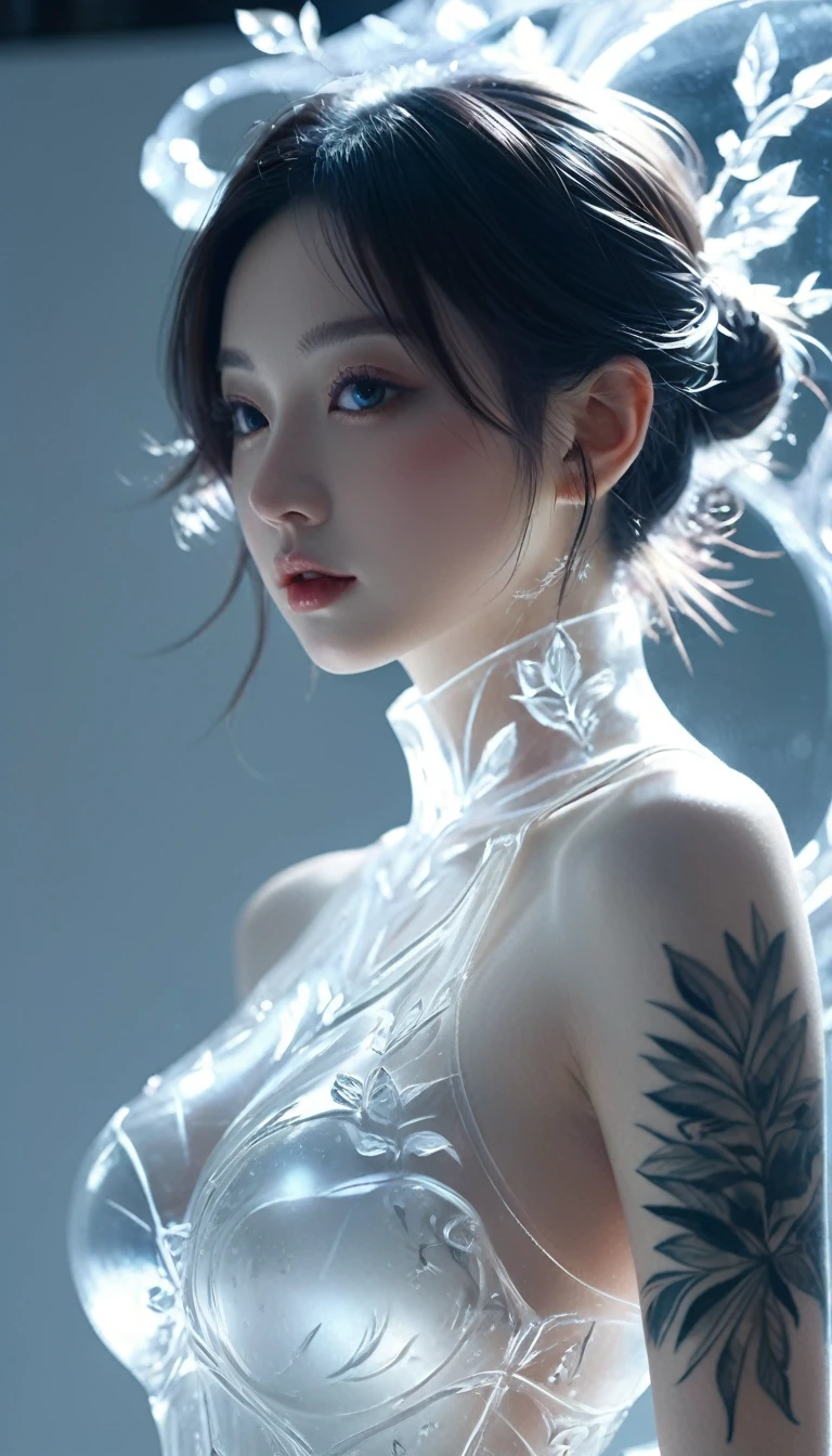 ,bail_ice_sculpture,A girl made of ice,Solitary,transparent,slim,In winter,Set,
sketch,Minimalism,pencil drawing,Clear lines,(Double contact:1.5),Exquisite ornaments,Kuinji,(Upper thigh shot:1.3),full-body shot,Low angle shot,(Tattoo:1.3),Tyndall effect,Soft Focus,4K,HDR,
[HDR:0.9],Acid Graphics,Plant 1girl,Fantasy artwork,[Detailed and vivid face:0.33],[Outerwear dress:0.15],[Korean Pop:0.417],[Upturned buttocks:0.4],masterpiece,(trash-polka Tattoos:1.4),(Translucent luminous body:1.3),Simple design,Silhouette of a beautiful woman and a glowing,Shadow World,精妙绝伦的艺术masterpiece,((White background 1.5)),
(Suspenders:0.6),