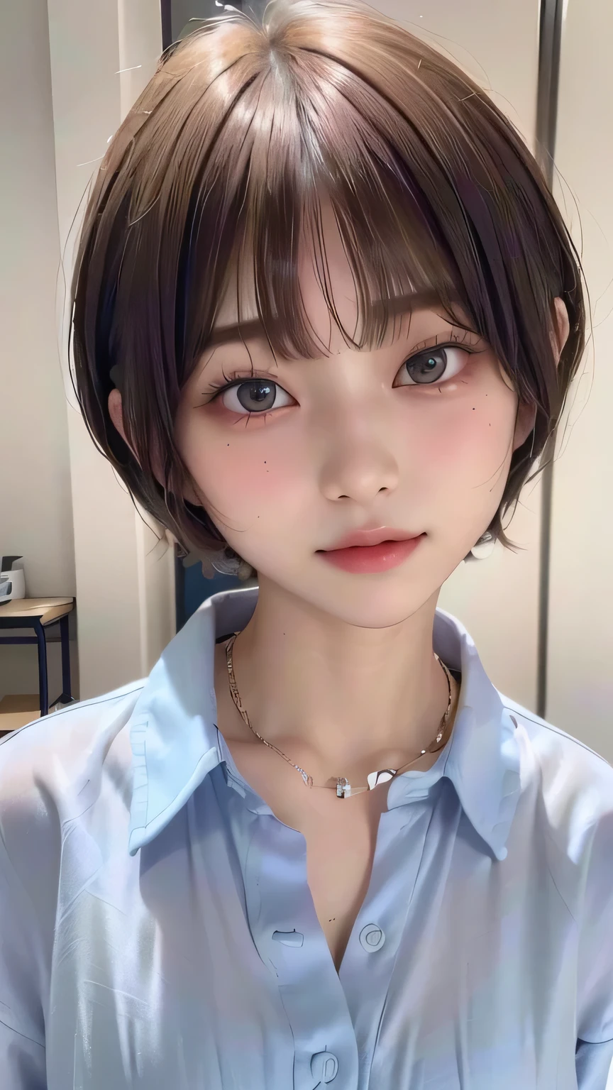 (Highest quality:1.3)、(Masterpiece:1.4)、Raw photo、8k、((Best image quality))、 ((High resolution))、Beautiful face in every detail、Realistic human skin、Gentle expression、(Cute natural anime face)、(One Woman:1.3)、Realistic、Photorealistic、short hair、(Beautiful woman)、((Cool Japan girl))、(boyish:1.5)、mannish、((Beautiful woman))、(Beautiful Hair)、((Dark brown hair))、(Blushing:1.5)、(Fashion Model:1.3)、(Every woman admires her face:1.3)、((Her eyes are big))、20 year old beauty、(Small face)、Small Head、((Long neck))、(High school girls)、uniform、(Japanese high school uniform)、(High school girlsのuniform)、((White button-up shirt))、(A shirt with a wide open chest)、Collared shirt、(necklace)、(The aspirations of young people)、(The center of attention in school:1.3 )、everyone will love her、You can almost see your cleavage、Attractive lips、[[smile]]、(She has a great figure)