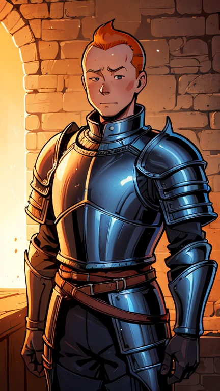 (1man, Tintin,1boy), (extremely detailed CG unit 8k wallpaper),(master part), (best quality), (ultra detail), (best illustration),(style Dan Mumford), cowboy shot,(Sharp eyeliner, ombre, detailed eyes:1),Dark Medieval Dungeon interiors background,break,(Knight, Plate armor, Gamberson),upper body,short hair,orange hair