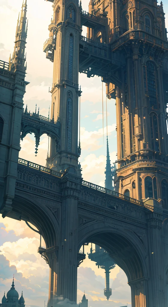 super detail, high details, high quality, 8k, Miyazaki style, a steampunk-style city floating in the sky, clouds and diverse architecture, exuding mystery and technology --v 6