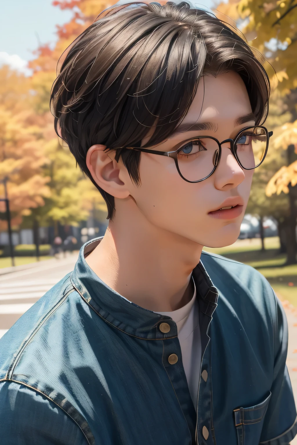 ((best quality)), ((masterpiece)), (detailed), one boy, 1boy, irish hair, bright eyes, short hair, cute, boy, bright background, bright shirt, sporty, close up, cool, clean face, cool boy, autumn, man, boy, autumn boy, sporty boy, denim, glasses
