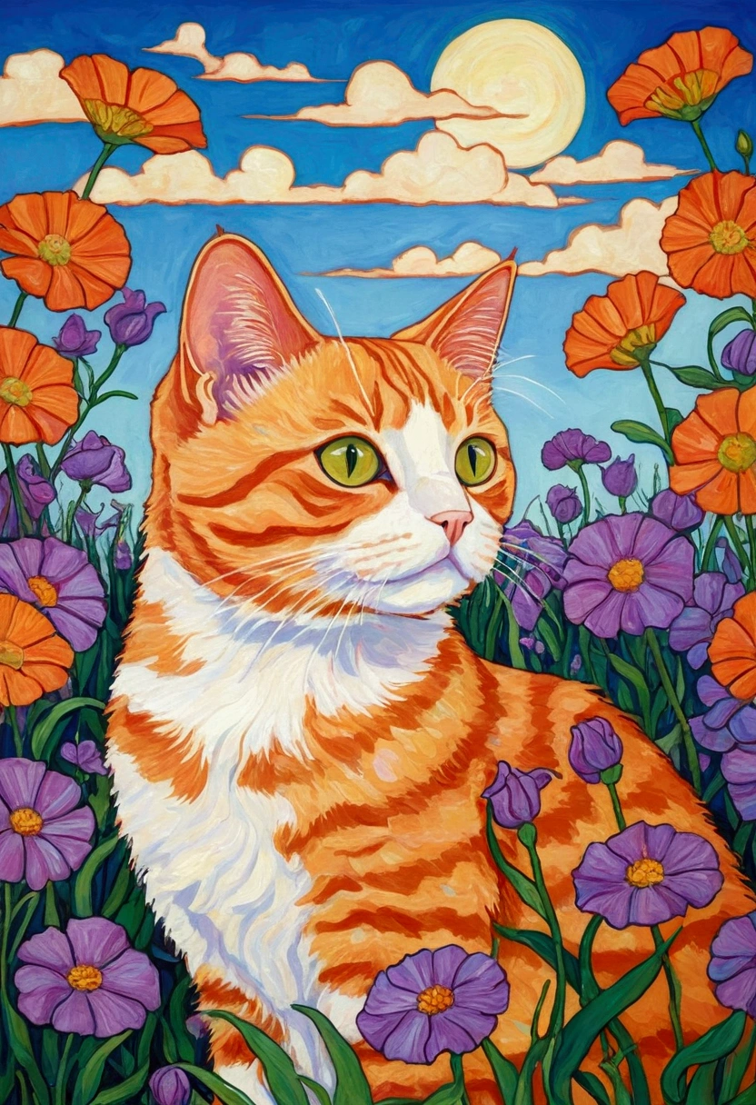 A painting of a cat in a field of flowers with a sky background, A detailed painting inspired by Louis Wain, Recommended on Behance, Cloisonnism, ginger. Art Nouveau, Tricolor cat, A painting of a cat, a A painting of a cat, The Artistic Style of Ukiyo-e, Hayao Miyazaki, ginger cat, Orange Cat, Purple Cat