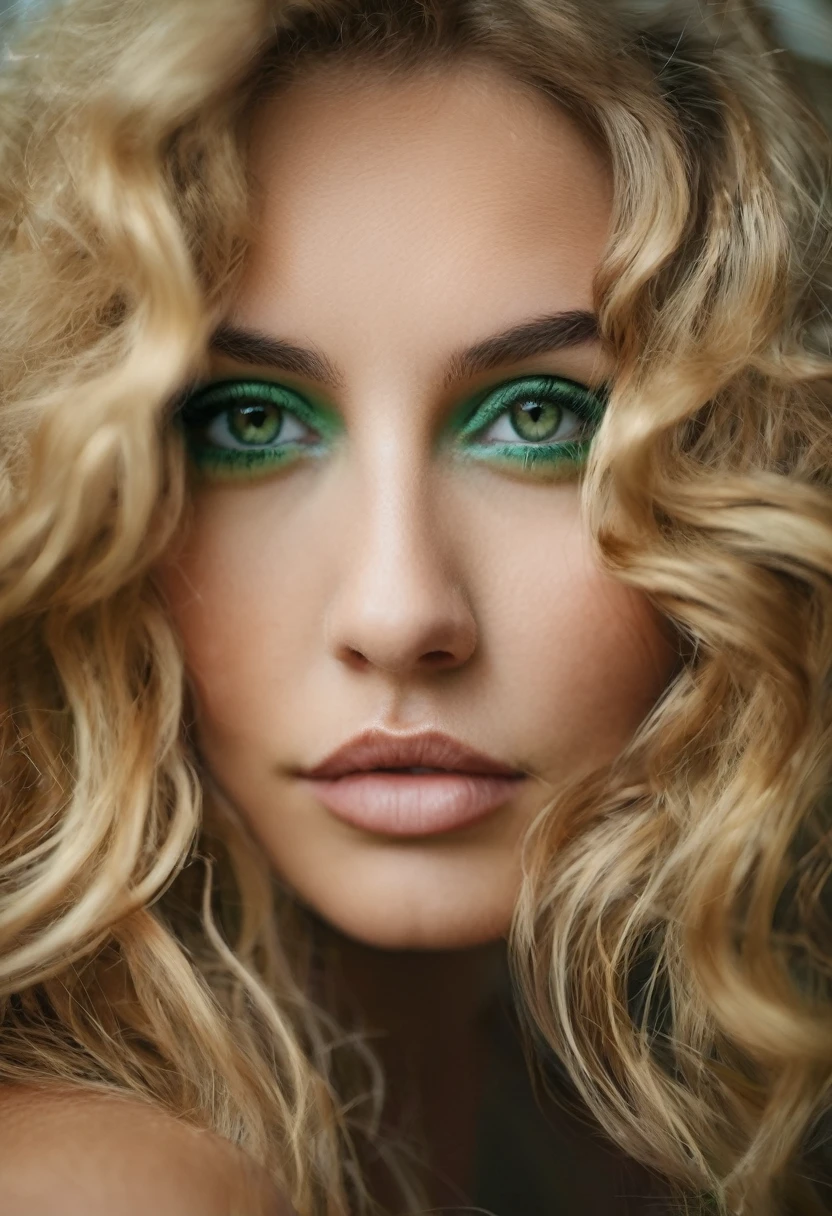 Photographie d'une belle fille, Corps entier, corps en sablier, gros seins, grosse fesses, taillefine, porte rien, longs cheveux blonds fluides, Grand buste, yeux vert en amande, levres charnues Le fard à paupières, yeux symétriques, visage symétrique, photo ultraréaliste, photographie,