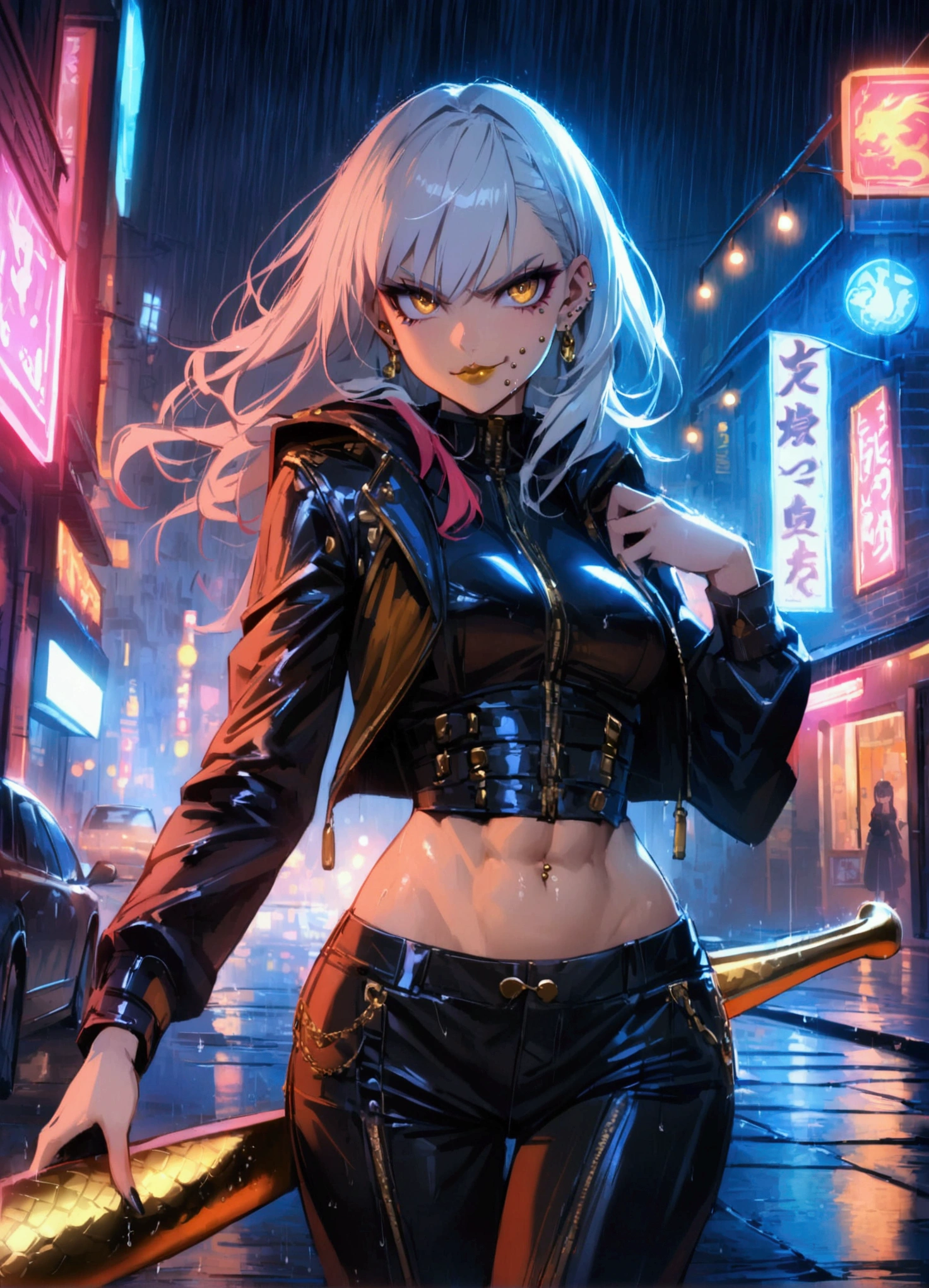(anime women), dark outfit with red and blue details, white hair, (golden dragon eyes) standing in a rain soaked, city street at night, cinematic lighting (best quality:1.2)detailed, neon lights, vivid colors,bokeh, angry looking face with smirk on mouth, piercing, ABS, ((face piercing)), gaze, 4k, particles in the air, powers, amazing art work full of details, dynamic movement, (gold lips), (stands on a roof of the car) with gold baseball bat in her hands laying on her shoulder