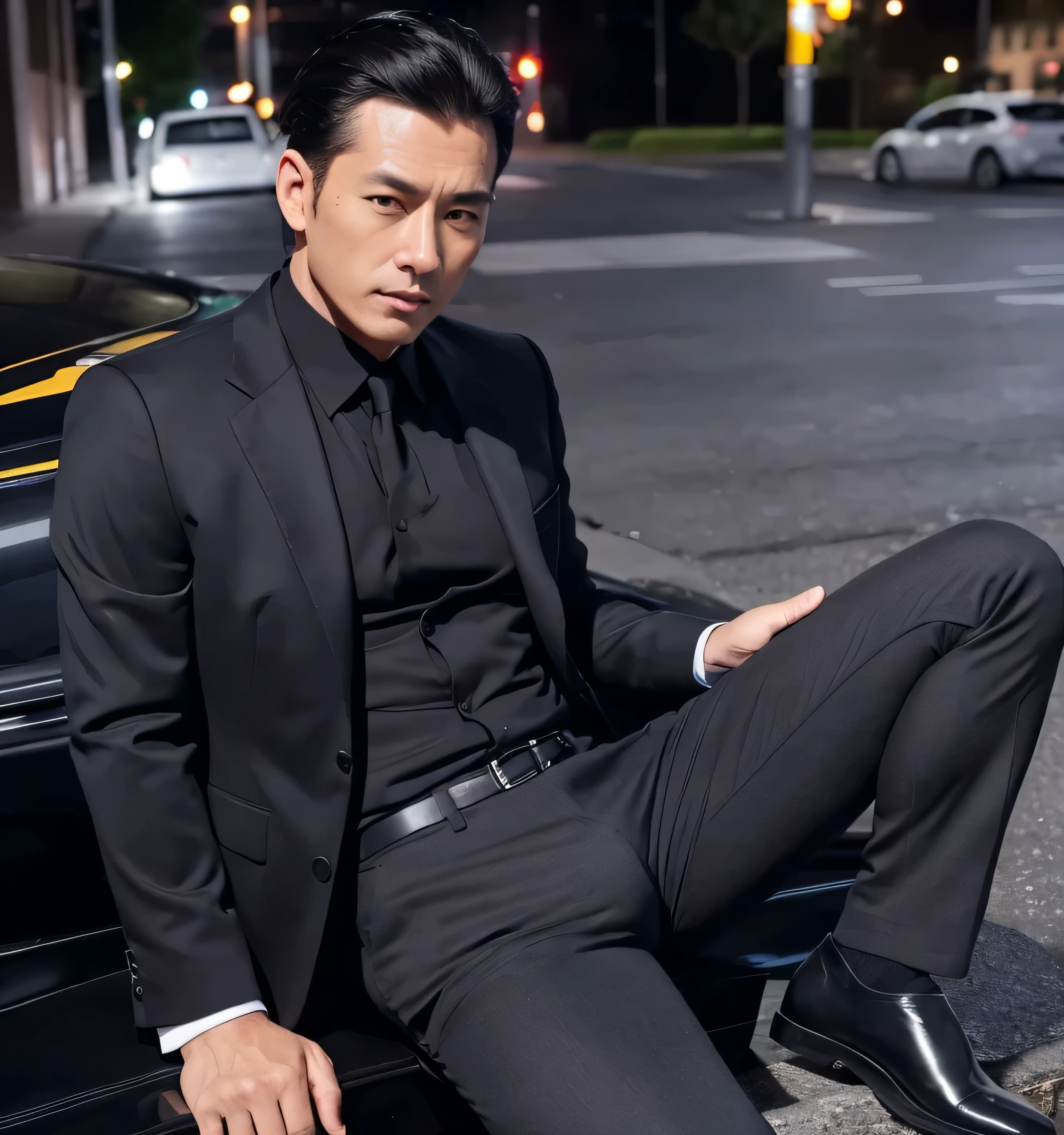 50 years old,One Man,Black Suit,Night parking、mafia、Bend、Spread your legs wide,The crotch area of my pants is bulging,logic,Gay Black Hair,Short Hair,Slicked back hair,Stubble,Asian Faces,Handsome Dad,looking at the camera