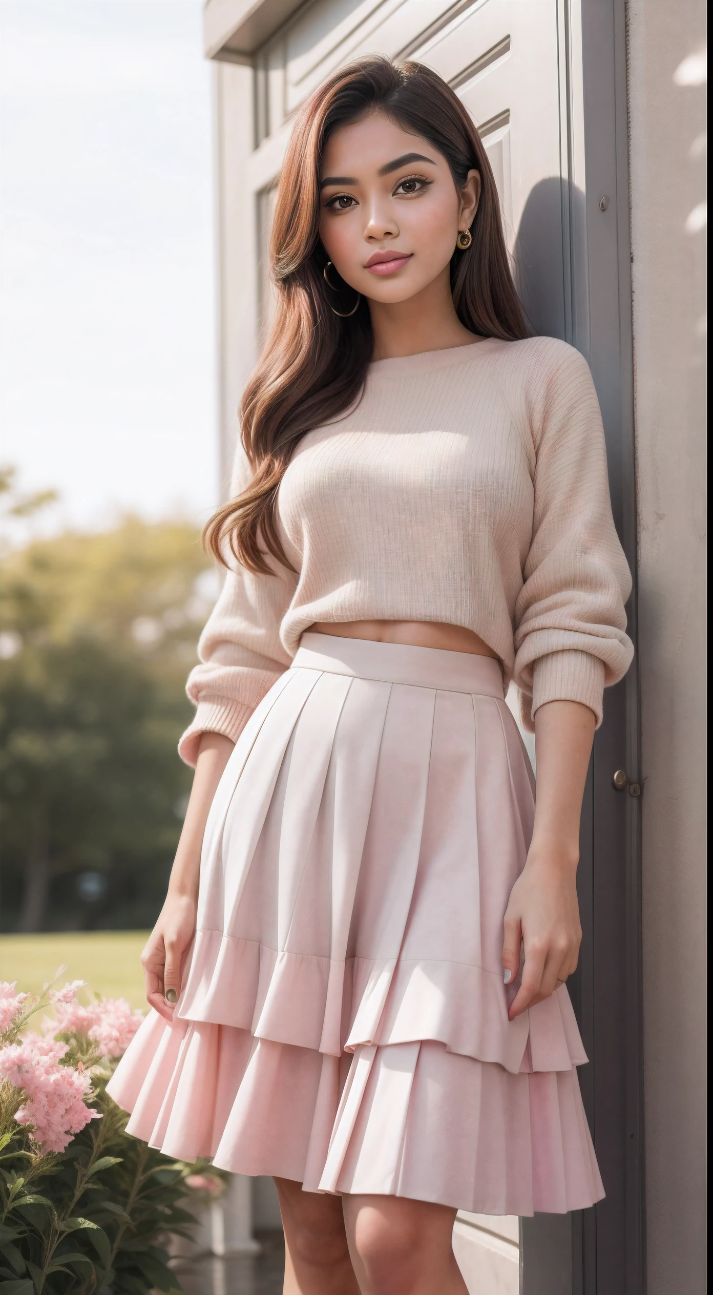 RAW, Best quality, high resolution, works: 1.3), beautiful Malay woman in hijap:0.8),1Beautiful Malay woman in hijap, beautiful face, watery eyes, perfect lips, big eyeig breasts)),perfect body, thick thighs ,soft smiling, wearing a green pleated red sweater and skirt, feminine in cute pastel colors, pleated skirt, feminine in pastel colors, wearing a long fluent skirt, layered clothes, wearing long flowing fabrics, pastel style, pastel clothes, in pastel colors, muted red and green, muted and pastel colors, in pastel colors, standing on floral garden, close up, bright lighting,
