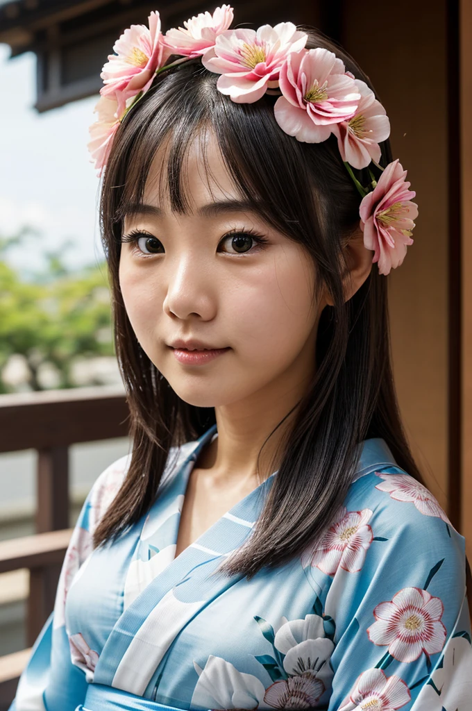 ((Head up close)), Tabletop, Of the highest quality, High accuracy, Single,25 years, Japanese beautiful girl, Small breasts, (One small mole under the eye),((Lips are full)),(Yukata floral pattern:1.25), ((Eyes visible through hair)),(The hand extends forward), (kiss face)