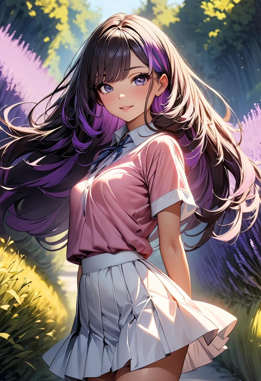 (highest quality:1.2, Very detailed, up to date, Vibrant, Ultra-high resolution, High Contrast, masterpiece:1.2, highest quality, Best aesthetics), Portraiture、girl、Bright colors、Beautiful fine details、Beautiful lip detail、long hair、black and purple ((streaked hair:1.6)), highlights hair: 1.5, rbrown eyes, slim body, small breast, pink polo-shirt, white tight mini skirt, taking a walk in the beautiful lavender garden, vast scenery, sunny day, blue sky, elegant pose, Cowboy shot,