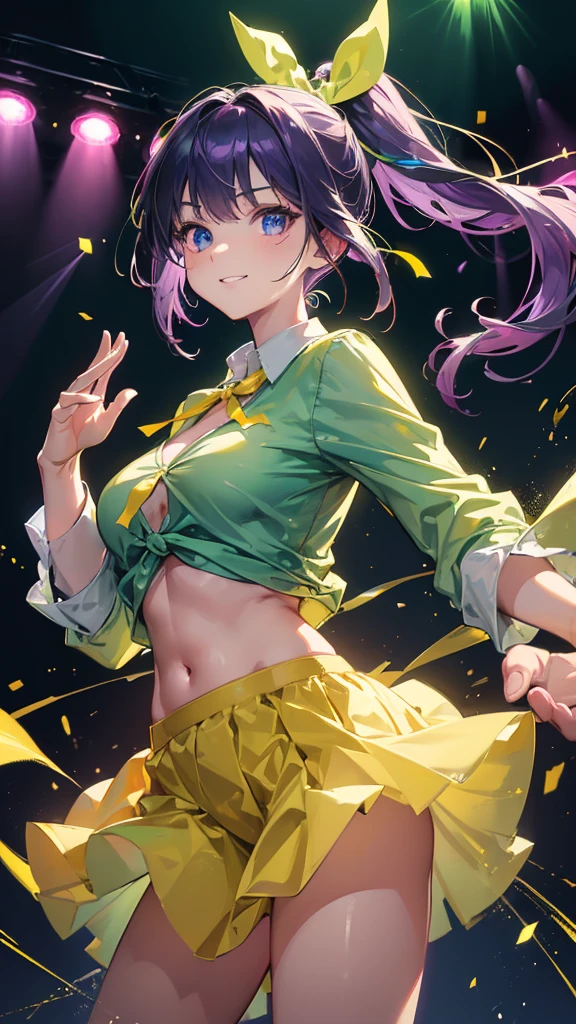 Highest quality, Super detailed, Highest quality, Very detailed, beautiful, masterpiece, 8k, 
Breaking colorful background, Refraction Glowing white lines ,Crossing Light,Particles of light break 1 Woman, Purple Hair, Long Hair, High Ponytail, (Hair Ribbon :1.2) , Yellow Ribbon, Ribbon in hair, blue eyes, Very detailed目,Stand Collar Shirt, (Light green shirt:1.5), mooring,( yellow pants:1.1) ,Abdominal muscles, belly button, (A shirt with the hem tied in front:1.0), Showing cleavage,
break
(Place palms together:1.5), Upper Body, (great joy;1.5), (Wicked Smile:1.2), ,(Make a frown:1.1), (Staring at the audience:1.5), ,(Ecstasy:1.3) ,(Vulgarity:1.3),(Wet:0.8),(Drooling:0.6),(Sweat:0.8),