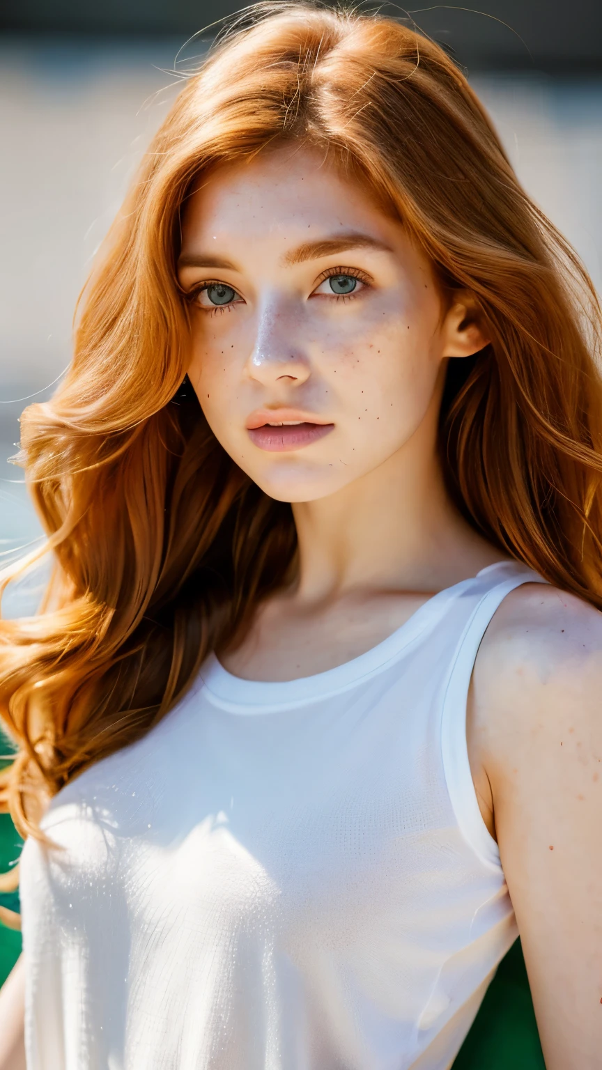 1 girl age 27, wearing short and tshirt, solo, aesthetic artwork, irish redhead, long wavy ginger hair, grayeyes light, some small freckles, pale skin, G-cup, huge breasts, slim body, runners body, (textured skin, skin pores:1,1), (moles:0,8), imperfect skin, (extremely detailed 8K wallpaper),soft lighting, high quality, film grain, fujifilm XT3 sharp focus, f 5.6, 50mm, high detailed, sharp focus, high detailed, complex details, background is bazaar 