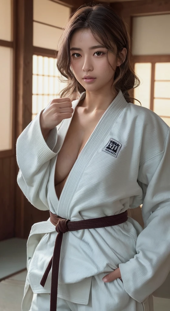 ((Highest quality、8k、masterpiece:1.3))、Sharp focus:1.2、Woman with muscular body:1.4、Colored eyes、((Sunburnした肌:1.5))、((Ash color hair:1.15))、((Silver Hair:1.2))、((Colorful Hair))、((Highlight Color:1.15))、((Twist perm))、Wild hairstyles、judo選手、Slim abdomen:1.2、((Huge boobs:1.2))、Wet body:1.1、HVery detailed facial and skin texture、 Detailed eyes、double eyelid、Sunburnした肌、Sunburn、Sweatで濡れた肌、One Girl, Intricate details, Cinematic feel, 8k, Very detailed、(Realistic、Realistic:1.37)、Very detailedな、Highest quality、Realistic、Very delicate and beautiful、RAW Photos、((Professional Lighting))、Facial Lighting、Written boundary depth、Length of prime numbers、((judo))、((Wearing a judogi))、((HVery detailed judo obi))、((Brazilian Jiu Jitsu Belt))、(Wearing the official judo uniform)、((Long sleeve))、(Muscular and healthy)、Small Head、expensive、((Beautiful Eyes))、Lively Faces、True Face、 Beautiful Eyes、(Fashionable hairstyles:1.35)、audience、((cheerful japanese woman))、Desporti Smile:1.15)、(Mouth closed)、美しくてBeautiful Eyes、(dojo:1.3)、Healthy Body、Dark Skin、(judo hall)、Sweat、The chest is exposed、Cleavage、Panty shot、Not wearing pants、Panties、Nipples