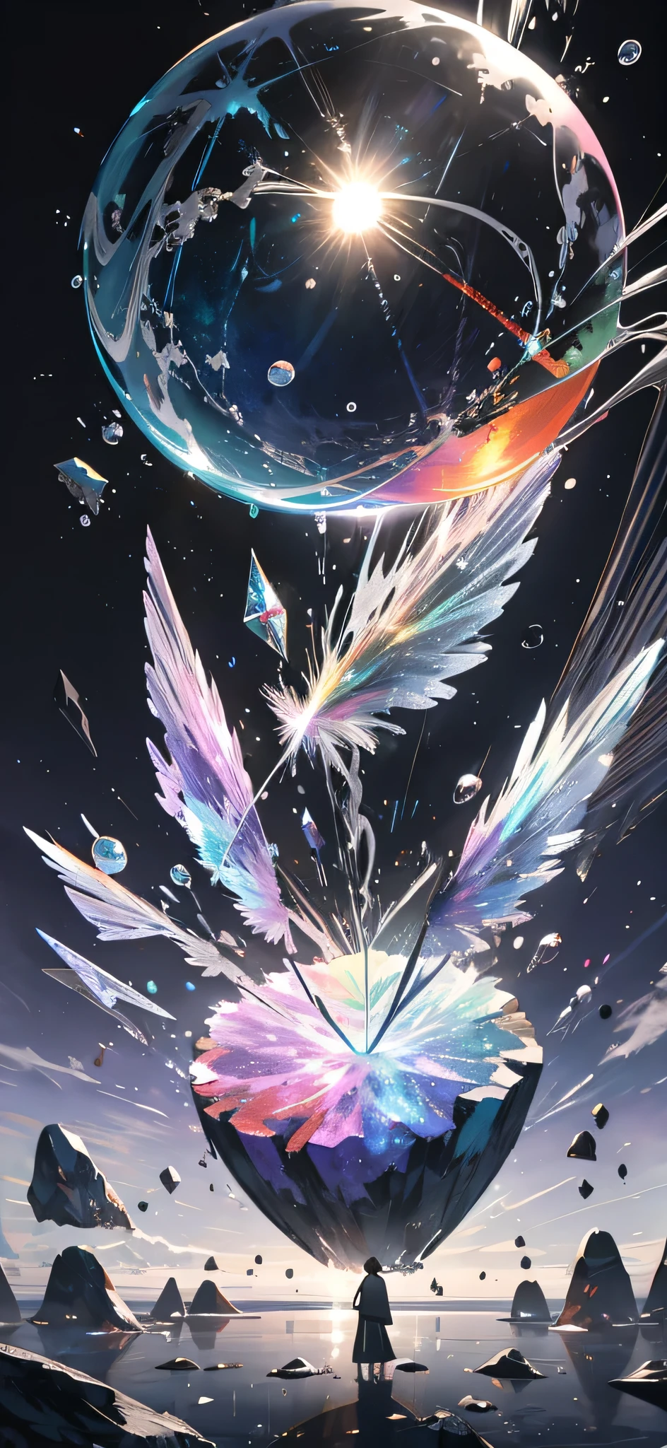 (Highest quality:1.4), (masterpiece:1.3), (Ultra fine:1.2), {Lens flare|Movie Posters|Tarot Card Frame:1.0}, (Close-up:1.0), (Negative Space:1.6), (Floating colorful elements:1.0) { wind|watermagic|ink|crystallization|ice|fire|inflammation|thunder|spiderweb|rock|sand|particle|fire flower|Blood }, (Lots of colorful objects:1. 0) { Soap bubble|cloud|Thorn|Splinter|Vine|trend|Spiral|Halation|wing|刺green|CUBE|Regular octahedron }, (Floating Elements:1.0) { red|green|green|Water color|purple|yellow|black|white|grey|pink|orange|Stone Grey} { ribbon|wing|particle|Blade|Droplets|Snow flakes|Soft sphere} { ribbon|wing|particle|Blade|Droplets|Snow flakes|Soft sphere} { ribbon|wing|particle|Snow flakes|Soft sphere} { ribbon|wing|particle|Soft sphere }, ({water crystal|ice|fire|inflammation|wind|water|Earth|stone|universe|music|sound wave|vortex}) {magic|wing}:1.1), ({Ray Tracing|Shining|Dazzling sunlight、light、Caustics|night、Dark theme|mysterious、Creepy|peacefulness、pastel colour}:1.2), (Rainbow colors:1.0), (Beautiful detailed sparkle:1.1), ({Mysterious|Sky|Beyond|sublime}theme:1.5)