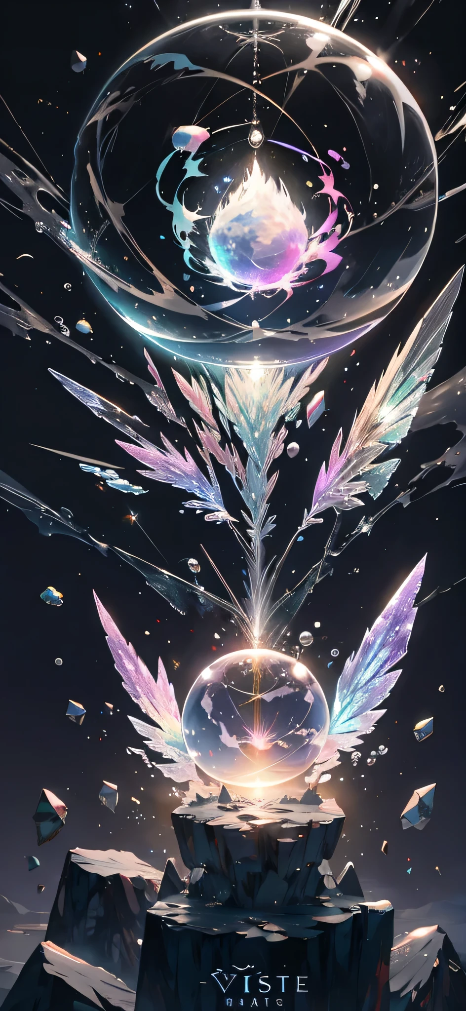 (Highest quality:1.4), (masterpiece:1.3), (Ultra fine:1.2), {Lens flare|Movie Posters|Tarot Card Frame:1.0}, (Close-up:1.0), (Negative Space:1.6), (Floating colorful elements:1.0) { wind|watermagic|ink|crystallization|ice|fire|inflammation|thunder|spiderweb|rock|sand|particle|fire flower|Blood }, (Lots of colorful objects:1. 0) { Soap bubble|cloud|Thorn|Splinter|Vine|trend|Spiral|Halation|wing|刺green|CUBE|Regular octahedron }, (Floating Elements:1.0) { red|green|green|Water color|purple|yellow|black|white|grey|pink|orange|Stone Grey} { ribbon|wing|particle|Blade|Droplets|Snow flakes|Soft sphere} { ribbon|wing|particle|Blade|Droplets|Snow flakes|Soft sphere} { ribbon|wing|particle|Snow flakes|Soft sphere} { ribbon|wing|particle|Soft sphere }, ({water crystal|ice|fire|inflammation|wind|water|Earth|stone|universe|music|sound wave|vortex}) {magic|wing}:1.1), ({Ray Tracing|Shining|Dazzling sunlight、light、Caustics|night、Dark theme|mysterious、Creepy|peacefulness、pastel colour}:1.2), (Rainbow colors:1.0), (Beautiful detailed sparkle:1.1), ({Mysterious|Sky|Beyond|sublime}theme:1.5)