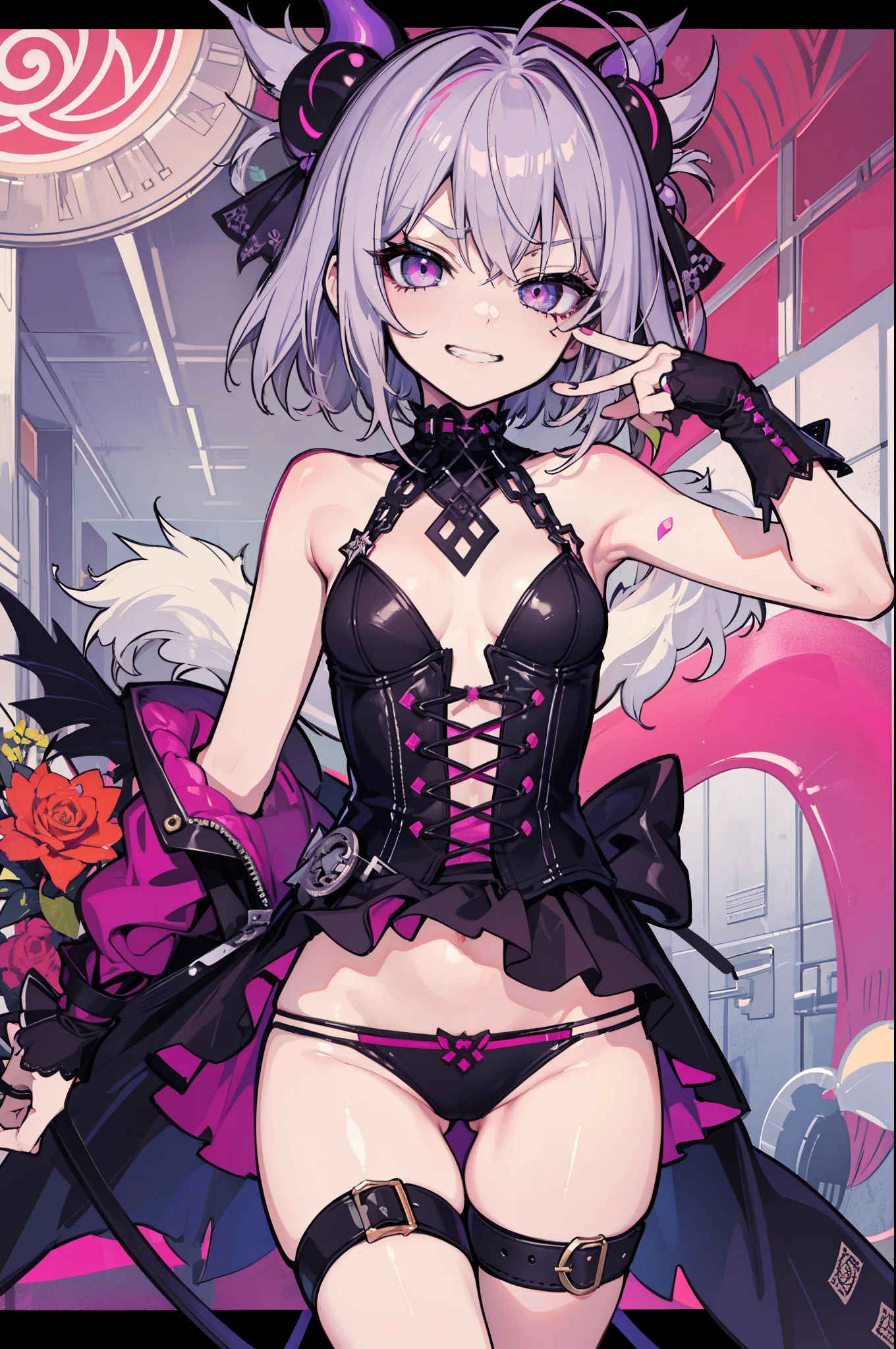 (hentai:1.1), (Ideal:1.1), (perfect:1.1), (flawless:1.1), (highest quality:1.2), (best quality:1.2), goth, punk girl, punk clothes, 1girl, (sexy :1.1), (evil smirk:1.1), (scary smirk:1.1), (loli:1.2),  lewd pose, detailed body, sexy thighs, big things, small breasts, short hair, sexy eyes, high quality eyes, 4K, highest quality resolution, best quality resolution, best quality upscale,
