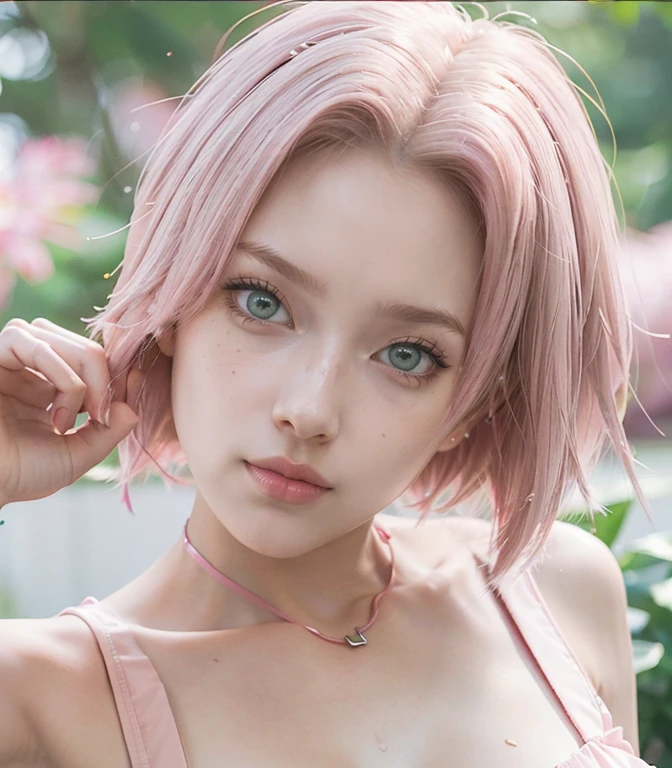 young woman, short shoulder-length pink hair, wide forehead, porcelain skin, pink eyebrows, big emerald green eyes, buttoned nose, full lips, heart-shaped face, slender body, small breasts, red tank top, Sakura Haruno , realistic, realism, details, 3d, well detailed
