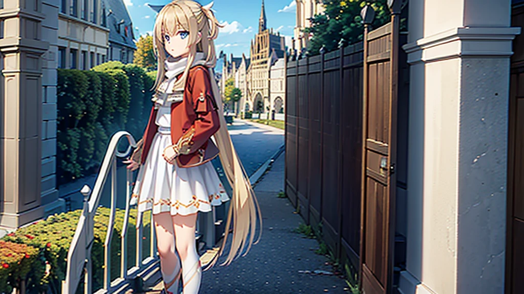 ((masterpiece)),(best quality),Official Art,Extremely detailed CG,Unity 8K wallpaper,Very detailed,Beautiful and delicate eyes,Extremely detailed face,1 girl,solitary,,(whole body:1.5),(small:1.3),，autumn，，Wear a long red scarf，Red Jacket，Clear and cloudless，Entrance to the castle on Mont Saint Michel, France