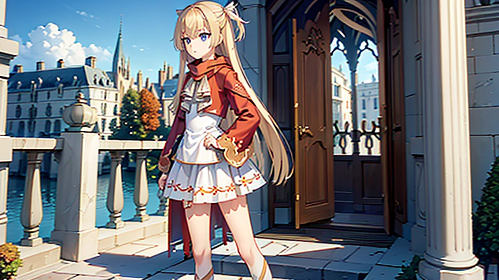 ((masterpiece)),(best quality),Official Art,Extremely detailed CG,Unity 8K wallpaper,Very detailed,Beautiful and delicate eyes,Extremely detailed face,1 girl,solitary,,(whole body:1.5),(small:1.3),，autumn，，Wear a long red scarf，Red Jacket，Clear and cloudless，Entrance to the castle on Mont Saint Michel, France