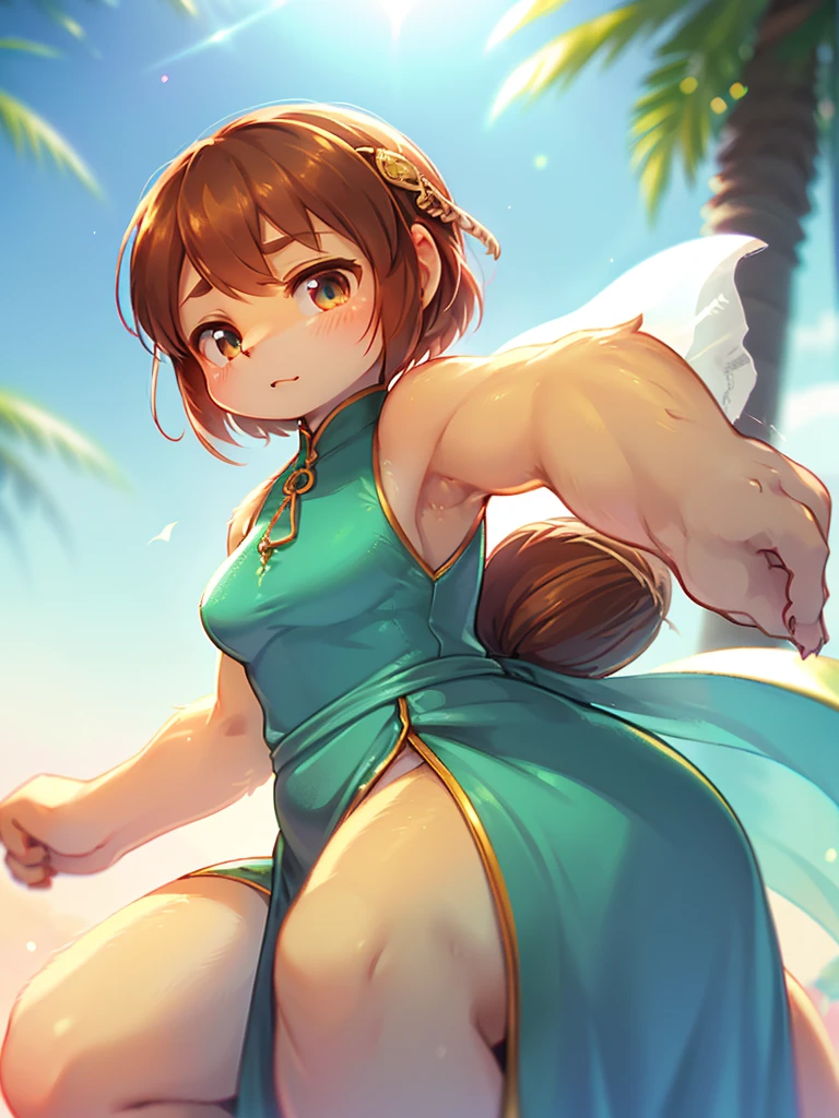 (Sumilux f1.4 50mm , low Latitude old color negative film , cross process , bokeh, flare, chromatic aberration , soft focus, (Shallow focus) , soft glow , Maximum aperture, high Key , Transparent depiction) , Dwarf girl , Muscular, short , long slit China dress , fighting move