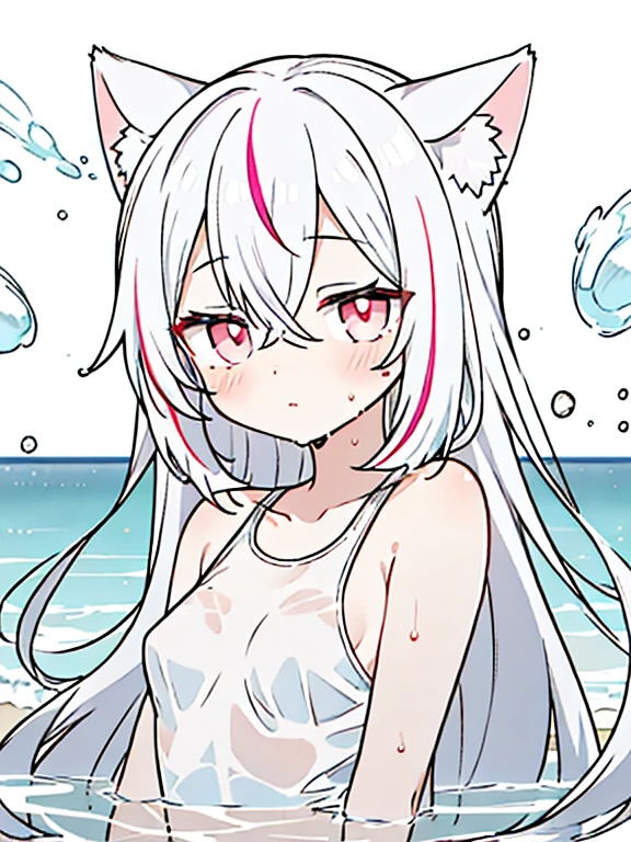 1girl, white hair, fox ears, fox tail, little girl, only in underwear, black stockings, ((red fringe)), kamiko, kamiko_kana, ((beach)), beach background