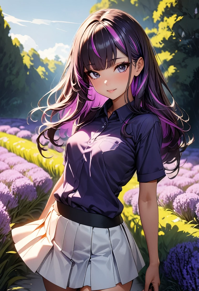 (highest quality:1.2, Very detailed, up to date, Vibrant, Ultra-high resolution, High Contrast, masterpiece:1.2, highest quality, Best aesthetics), Portraiture、girl、Bright colors、Beautiful fine details、Beautiful lip detail、long hair、black and purple ((streaked hair:1.6)), highlights hair: 1.5, rbrown eyes, slim body, small breast, purple polo-shirt, white tight mini skirt, taking a walk in the beautiful lavender garden, vast scenery, sunny day, blue sky, elegant pose, Cowboy shot,