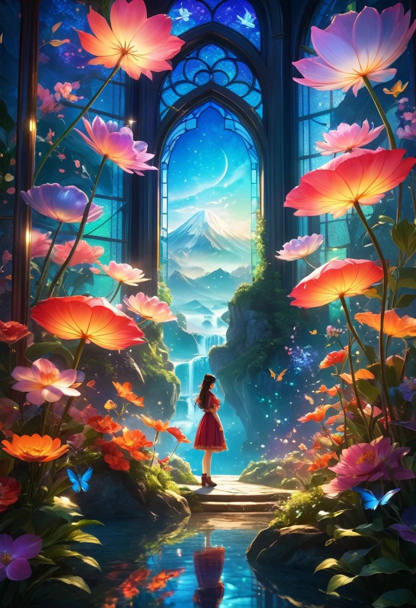 Thousand Flower Glass Style, masterpiece:1.2, best quality, highly detailed CG unity 8K wallpaper, Extremely detailed, Practical:1.37, (best quality,4K,8K,high resolution,masterpiece:1.2), Extremely detailed, (Practical,photoPractical,photo-Practical:1.37), HDR, Ultra HD, Studio Lighting, Super Fine, Clear focus, Physically Based Rendering, Extremely detailed的描述, professional, Bright colors, Bokeh, portrait, landscape, fear, Japanese cartoons, Science Fiction, photography, Concept Artist, Vibrant colors, Soft lighting, Mysterious atmosphere, Luminous elements, Complex patterns, Charming shape, stained glass effect, sparkling reflections, Ethereal Beauty, Dreamy atmosphere, Magic Aura, Fascinating composition, Fairy tale background, Mysterious Creatures, Whimsical atmosphere.