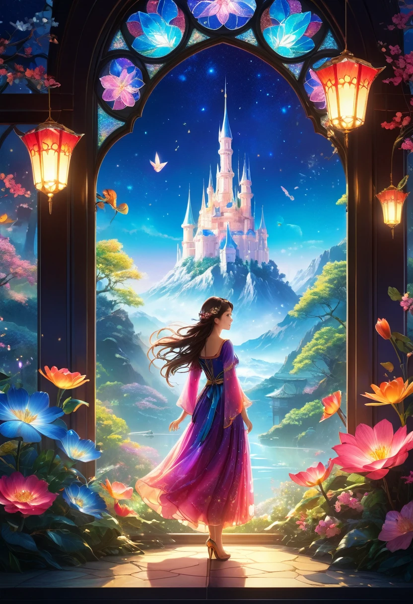Thousand Flower Glass Style, masterpiece:1.2, best quality, highly detailed CG unity 8K wallpaper, Extremely detailed, Practical:1.37, (best quality,4K,8K,high resolution,masterpiece:1.2), Extremely detailed, (Practical,photoPractical,photo-Practical:1.37), HDR, Ultra HD, Studio Lighting, Super Fine, Clear focus, Physically Based Rendering, Extremely detailed的描述, professional, Bright colors, Bokeh, portrait, landscape, fear, Japanese cartoons, Science Fiction, photography, Concept Artist, Vibrant colors, Soft lighting, Mysterious atmosphere, Luminous elements, Complex patterns, Charming shape, stained glass effect, sparkling reflections, Ethereal Beauty, Dreamy atmosphere, Magic Aura, Fascinating composition, Fairy tale background, Mysterious Creatures, Whimsical atmosphere.