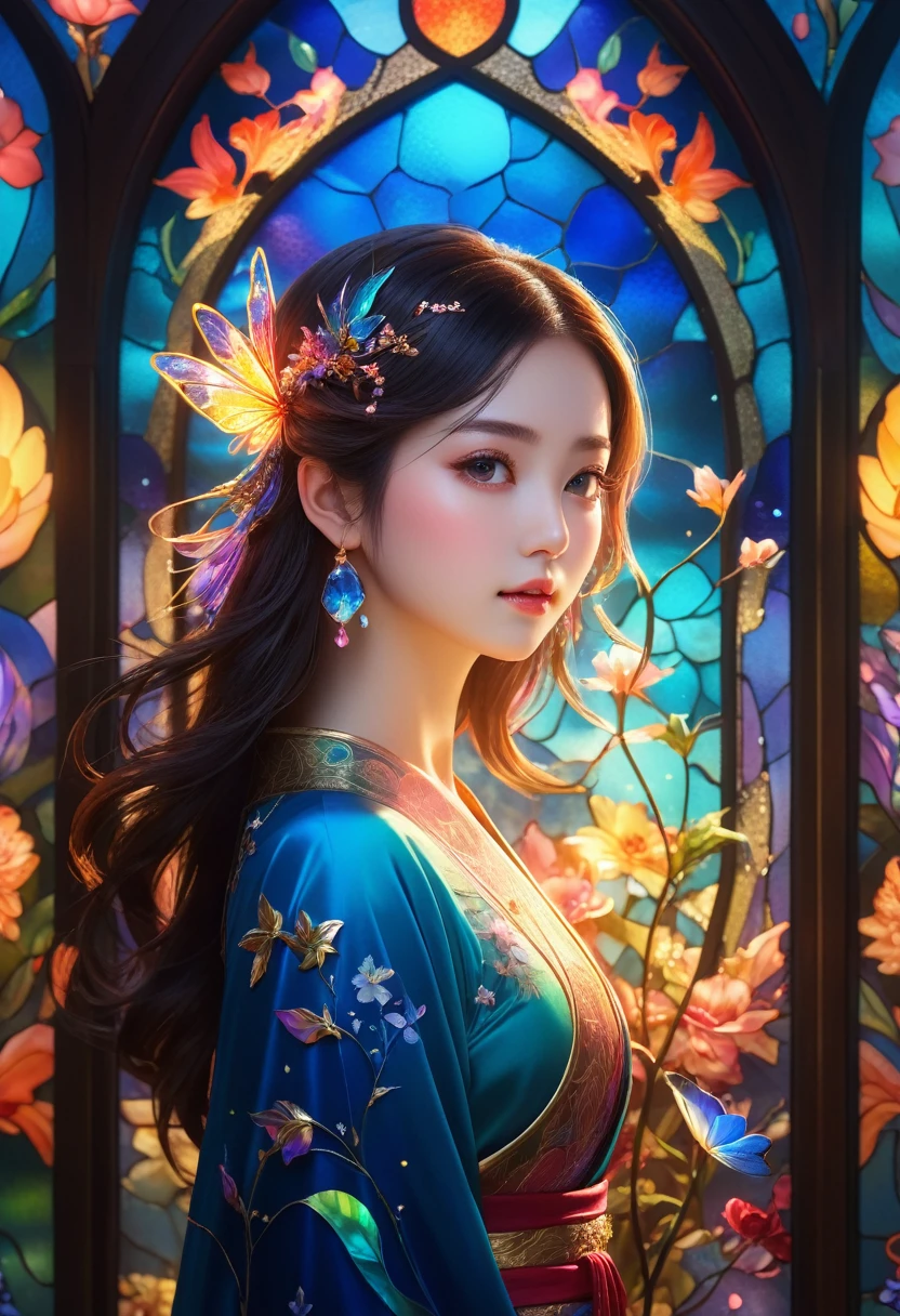 Thousand Flower Glass Style, masterpiece:1.2, best quality, highly detailed CG unity 8K wallpaper, Extremely detailed, Practical:1.37, (best quality,4K,8K,high resolution,masterpiece:1.2), Extremely detailed, (Practical,photoPractical,photo-Practical:1.37), HDR, Ultra HD, Studio Lighting, Super Fine, Clear focus, Physically Based Rendering, Extremely detailed的描述, professional, Bright colors, Bokeh, portrait, landscape, fear, Japanese cartoons, Science Fiction, photography, Concept Artist, Vibrant colors, Soft lighting, Mysterious atmosphere, Luminous elements, Complex patterns, Charming shape, stained glass effect, sparkling reflections, Ethereal Beauty, Dreamy atmosphere, Magic Aura, Fascinating composition, Fairy tale background, Mysterious Creatures, Whimsical atmosphere.